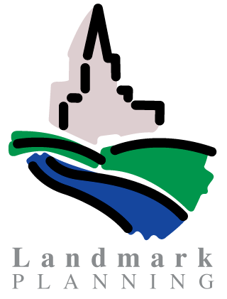 Landmark Planning logo, shows a building with a spire structure in the distance with hillsides in front in green and blue