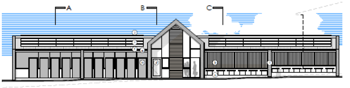 Technical CAD drawing with mainly black lines, shows a large space to the left and right with a triangular roofed smaller building in the middle. Blue lines in the background signifying the sky.